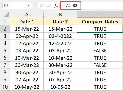Compara fechas en Excel (mayor/menor que, no coincide) Fórmula para comparar fechas en la misma fila
