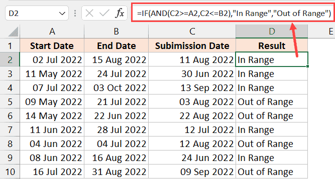 Fórmula IF y AND para registrarse entre dos fechas