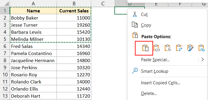 Copie y pegue varias celdas en Excel (adyacentes y no adyacentes) Haga clic derecho en la celda de destino y haga clic en el icono de pegar