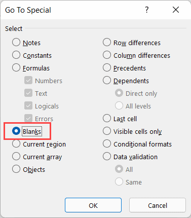 Copie y pegue varias celdas en Excel (adyacentes y no adyacentes) En el cuadro de diálogo Ir a especial, seleccione Espacios