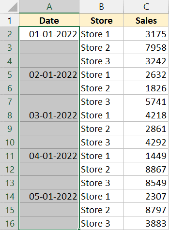 Copie y pegue varias celdas en Excel (adyacentes y no adyacentes) Seleccione la columna con celdas vacías