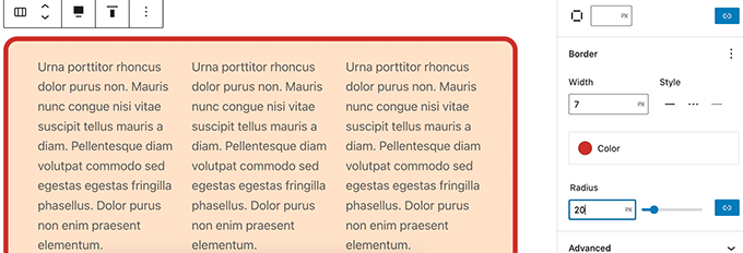 Lo que viene en WordPress 6.0 (características y capturas de pantalla) Borde alrededor del bloque de columnas