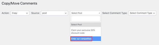 Selección de una página o publicación de origen de WordPress