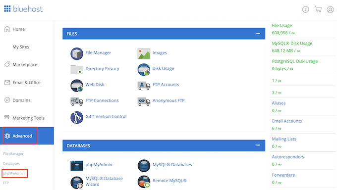 Cómo encontrar sus borradores guardados en WordPress (Guía para principiantes) Herramienta PhpMyAdmin de Bluehost