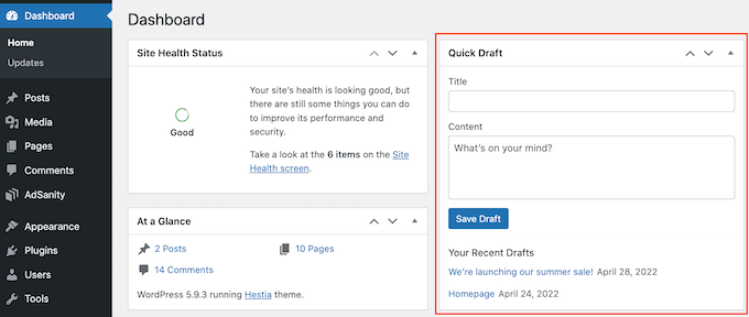 Cómo encontrar sus borradores guardados en WordPress (Guía para principiantes) El cuadro de borrador rápido de WordPress