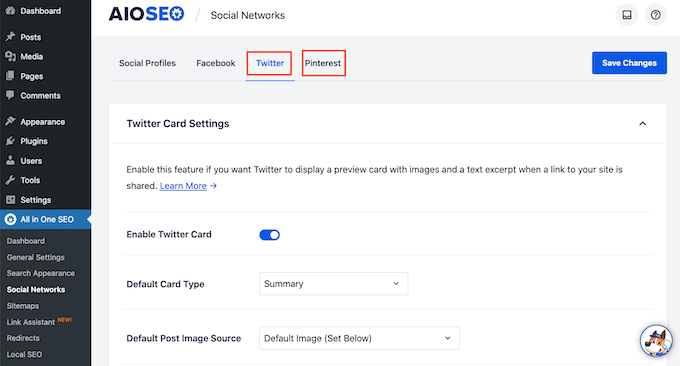 Pestañas de Twitter y Pinterest de AIOSEO . Pestañas de Twitter y Pinterest de AIOSEO .