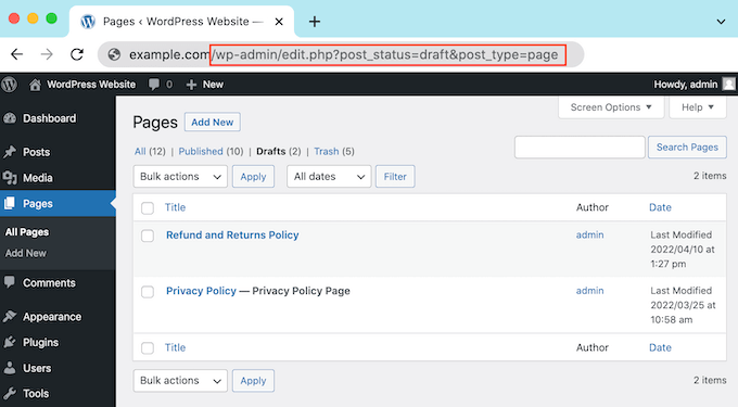 Cómo encontrar sus borradores guardados en WordPress (Guía para principiantes) La URL de sus páginas compiladas de WordPress