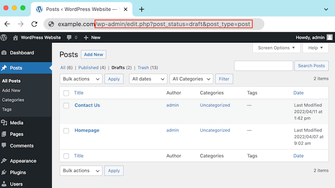 Cómo encontrar sus borradores guardados en WordPress (Guía para principiantes) La URL de tus publicaciones compiladas de WordPress