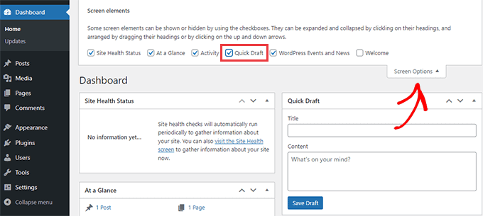 Cómo encontrar sus borradores guardados en WordPress (Guía para principiantes) marque Borrador rápido en las opciones de pantalla