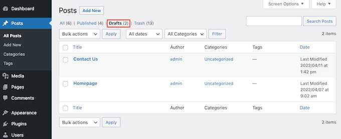 Cómo encontrar sus borradores guardados en WordPress (Guía para principiantes) La pestaña 'Borradores' de WordPress