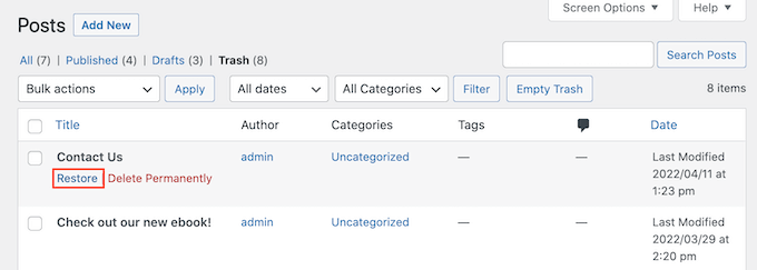 Cómo encontrar sus borradores guardados en WordPress (Guía para principiantes) Restaurar un borrador de WordPress eliminado
